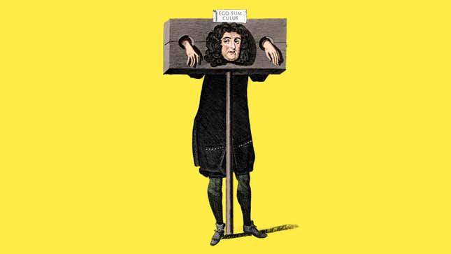 An old-timey illustration of a man in stocks with the caption "Ego Sum Culus" over his head