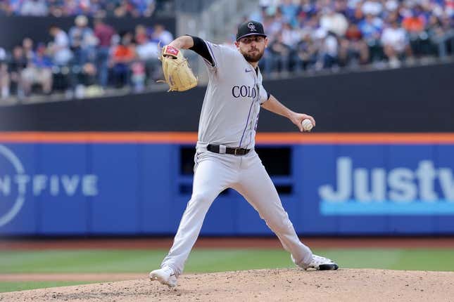 May 6, 2023; New York City, New York, USA; Colorado Rockies starting pitcher Austin Gomber (26) pitches against the New York Mets during the third inning at Citi Field.