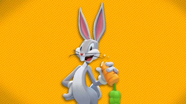 Bugs Bunny stands in front of an orange background while eating a carrot. 