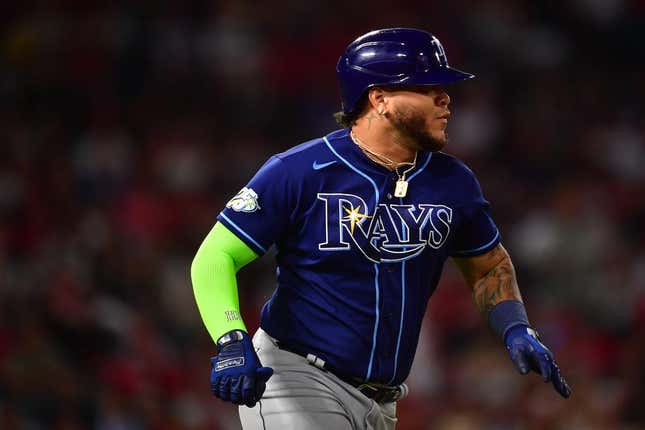 Aug 18, 2023; Anaheim, California, USA; Tampa Bay Rays designated hitter Harold Ramirez (43) runs after hitting an RBI single against the Los Angeles Angels during the seventh inning at Angel Stadium.
