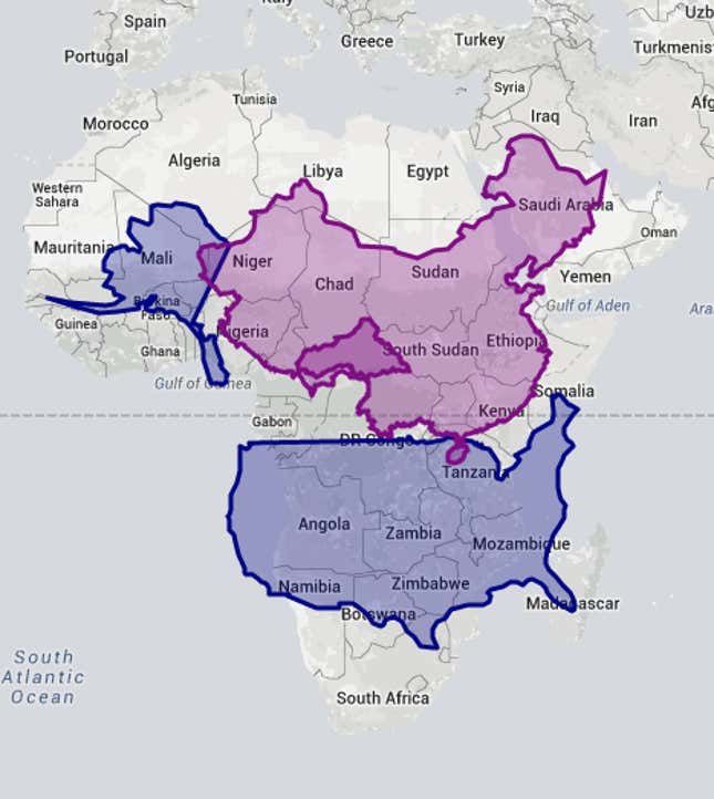 The US and China’s size in relation to Africa.