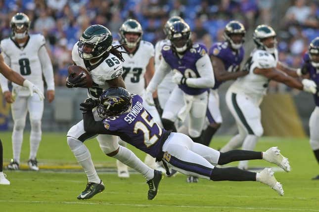 Aug 12, 2023; Baltimore, Maryland, USA;  Philadelphia Eagles wide receiver Tyrie Cleveland (85) makes a catch in front of Baltimore Ravens cornerback Kevon Seymour (25) during the first half at M&amp;amp;T Bank Stadium.