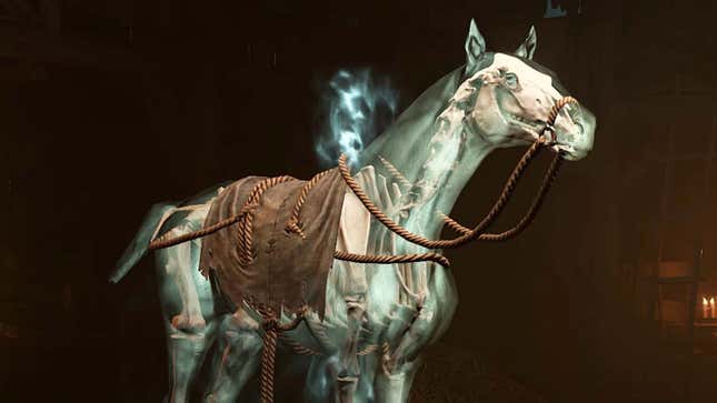 A ghostly horse stands in front of a dark background as seen in Diablo IV. 