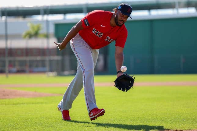 Feb 15, 2023; Fort Myers, FL, USA;  Boston Red Sox relief pitcher Kenley Jansen (74) participates in spring training workouts at Fenway South Player Development Complex.