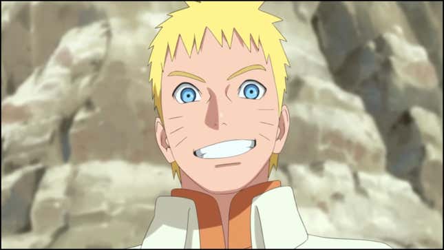 Naruto smiles brightly while standing in front of the Hokage Rock.