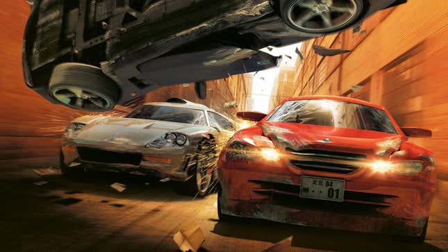 A promotional image for Burnout Revenge showing two cars driving under the wreck of a car flipping above them.