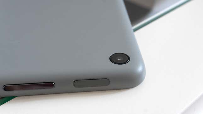 A close-up of the Google Pixel Tablet's rear camera lens.