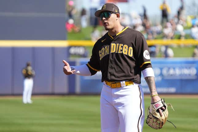 Feb 24, 2023; Peoria, Arizona, USA; San Diego Padres third baseman Manny Machado (13) talks to an umpire in the first inning during a spring training game against the Seattle Mariners at Peoria Sports Complex.