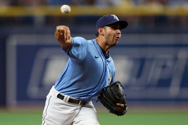 Apr 23, 2022; St. Petersburg, Florida, USA;  Tampa Bay Rays relief pitcher Javy Guerra (25) throws a pitch against the Boston Red Sox in the third inning at Tropicana Field.