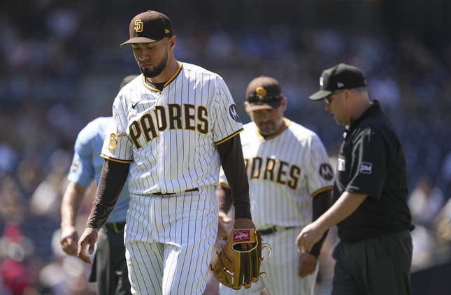 Aug 23, 2023; San Diego, California, USA;  San Diego Padres relief pitcher Robert Suarez (75) is ejected before throwing a pitch against the Miami Marlins during the seventh inning at Petco Park.