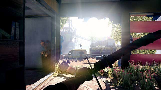 A screenshot from Dying Light 2 depicting protagonist Aiden Caldwell preparing to shoot an arrow at some unsuspecting bandit in a dilapidated warehouse.