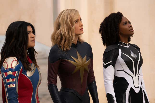 Vellani, Larson, and Teyonah Parris as Captain Monica Rambeau in The Marvels.