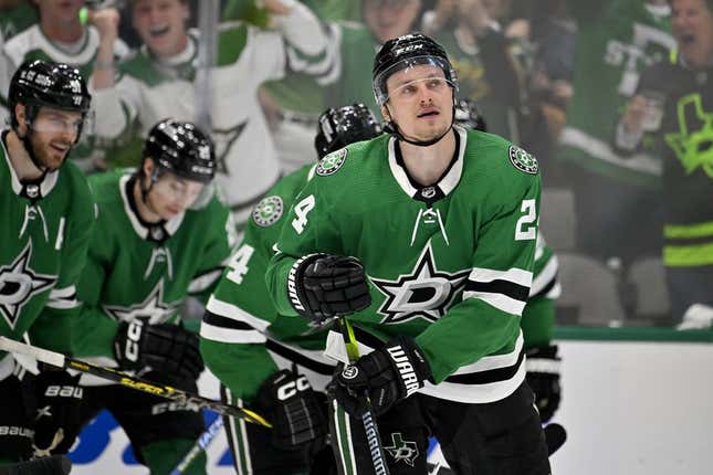 Apr 19, 2023; Dallas, Texas, USA; Dallas Stars center Roope Hintz (24) skates off the ice after he scores his second goal against Minnesota Wild goaltender Marc-Andre Fleury (not pictured) during the second period in game two of the first round of the 2023 Stanley Cup Playoffs at American Airlines Center.