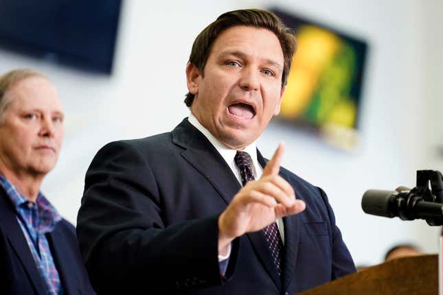 Florida Gov. Ron DeSantis speaks to supporters and members of the media after a bill signing on Nov. 18, 2021, in Brandon, Fla. DeSantis has submitted a proposal to reshape the state’s congressional map and carve up districts held by Black Democrats, as the Republican takes the unusual step of inserting himself into the redistricting process. The proposed congressional map, submitted Sunday, Jan. 16, 2022, on the eve of Martin Luther King Jr. Day, signaled the governor’s priorities as the state moves to redraw political maps in the coming months.