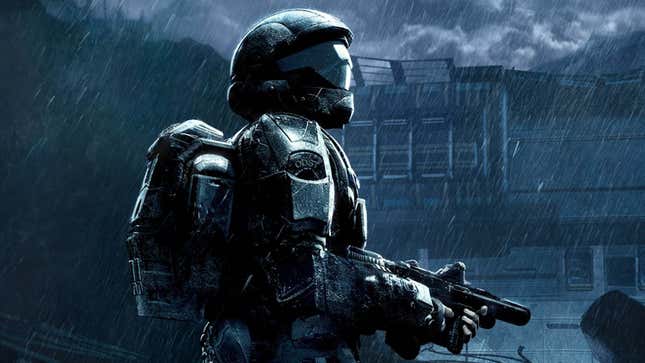 The Rookie ODST character standing alone in the rain carrying an SMG. 