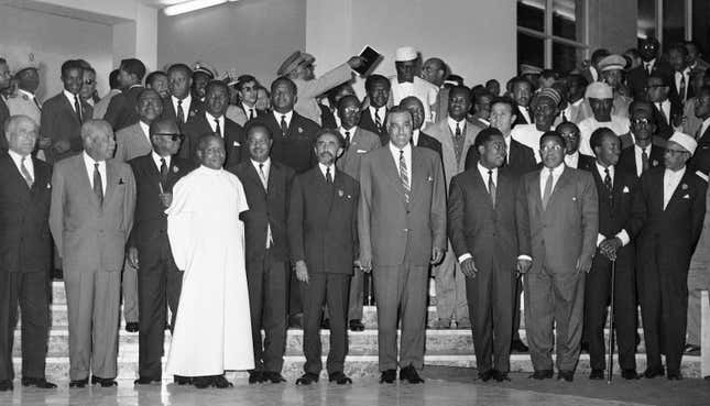Emperor Haile Selassie of Ethiopia, poses with African heads of state in Addis Ababa in May 1963 at the end of their “summit” conference.