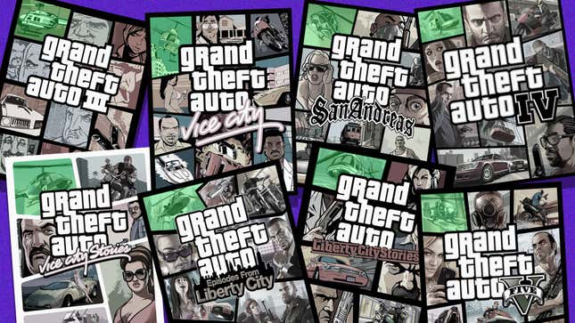 A collage of all the GTA covers that include helicopters in the top right corner. 