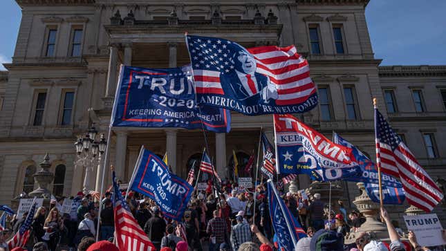 Trump supporters protest the 2020 election results on Nov. 7, 2020, outside the Michigan State Capitol in Lansing.