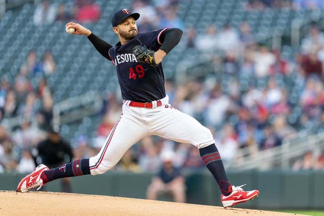 Apr 11, 2023; Minneapolis, Minnesota, USA; Minnesota Twins starting pitcher Pablo Lopez (49) is the starting pitcher against the Chicago White Sox in the first inning at Target Field.