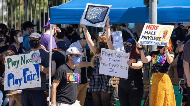 Blizzard and Activision employees protesting outside.