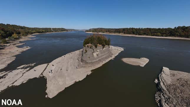 Aerial photo from October 2022 of low river levels around Tower Rock on the Mississippi River at Grand Tower, Illinois.