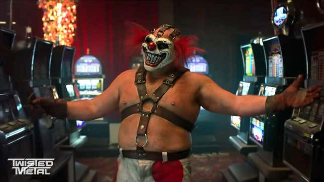 A screenshot from the Twisted Metal trailer featuring the killer clown Sweet Tooth in a casino