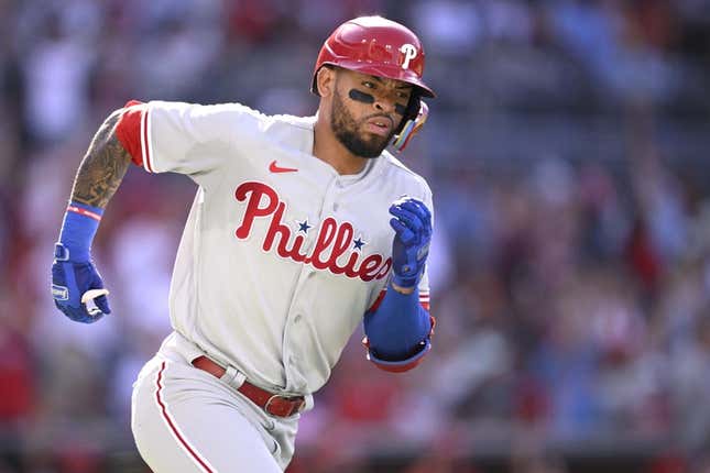 Sep 4, 2023; San Diego, California, USA; Philadelphia Phillies third baseman Edmundo Sosa (33) rounds the bases after hitting a home run against the San Diego Padres during the second inning at Petco Park.