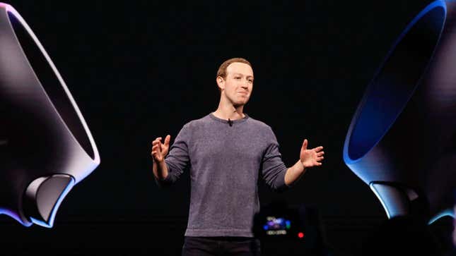 Mark Zuckerberg unveils the Quest VR headset on stage in 2019. 