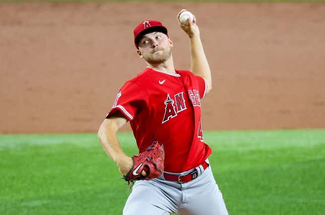 Aug 16, 2023; Arlington, Texas, USA;  Los Angeles Angels starting pitcher Reid Detmers (48) throws during the first inning against the Texas Rangers at Globe Life Field.