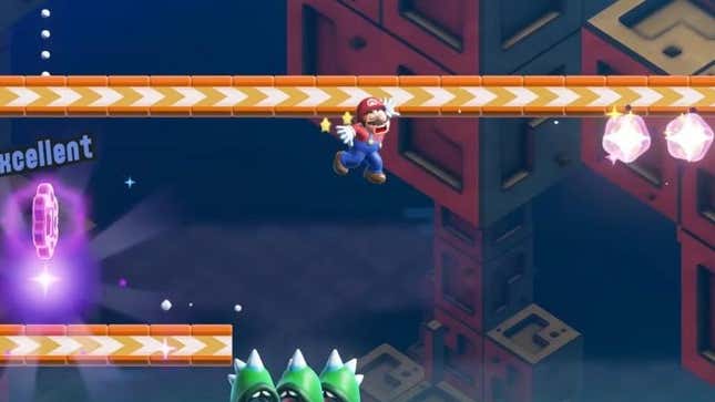 Mario hurts his hands while sliding along a conveyor belt. 
