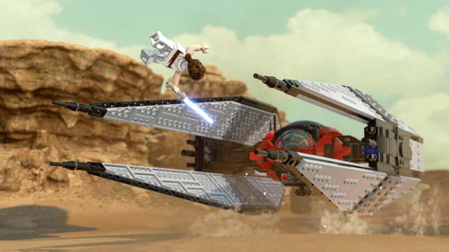Rey jumps over Kylo Ren's ship in Lego Star Wars: The Skywalker Saga, one of the best games on Xbox Series X/S.