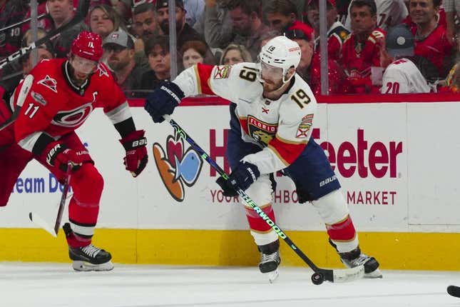 May 18, 2023; Raleigh, North Carolina, USA; Florida Panthers left wing Matthew Tkachuk (19) skates with the puck against the Carolina Hurricanes during the second period in game one of the Eastern Conference Finals of the 2023 Stanley Cup Playoffs at PNC Arena.