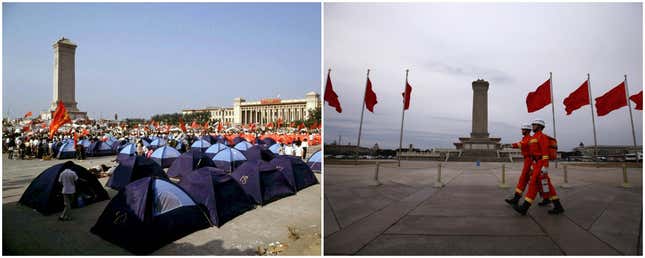 LEFT: Pro-democracy demonstrators pitch tents in Beijing’s Tiananmen Square before their protests were crushed by the People’s Liberation Army on June 3, 1989. RIGHT: Firefighters carrying fire extinguishers patrol Tiananmen Square in front of the Monument to the People’s Heroes during the closing ceremony of the Chinese People’s Political Consultative Conference (CPPCC), in Beijing, March 12, 2014.