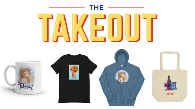coffee mug, T-shirt, hoodie, and tote bag from The Takeout's online store