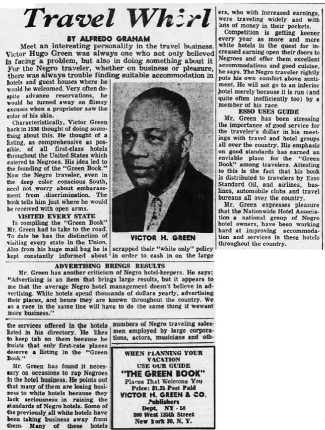 Victor Hugo Green, creator of the Green Book, profiled in the New York Age in 1958.