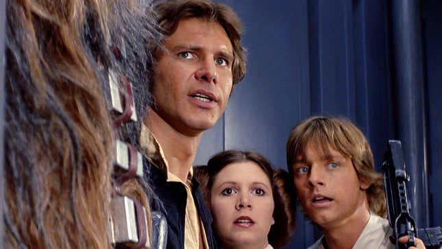 Harrison Ford, Carrie Fisher, and Mark Hamill in 1977's Star Wars.