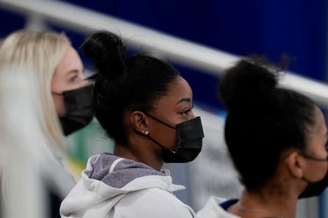 United States gymnast Simone Biles sits on the stands during the artistic gymnastics women’s all-around final at the 2020 Summer Olympics, Thursday, July 29, 2021, in Tokyo, Japan.