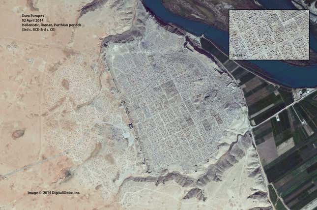A 2014 satellite image of Dura Europos published by the American Schools of Oriental Research. The detail in the top-right shows looting holes.