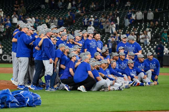 Sep 16, 2023; Seattle, Washington, USA; The Los Angeles Dodgers post for a team photo after winning the National League West division after the game against the Seattle Mariners at T-Mobile Park.
