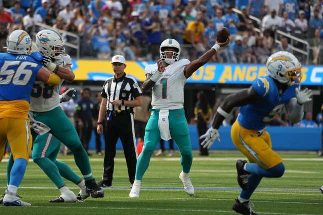 Sep 10, 2023; Inglewood, California, USA; Miami Dolphins quarterback Tua Tagovailoa (1) throws the ball against the Los Angeles Chargers in the second half at SoFi Stadium.