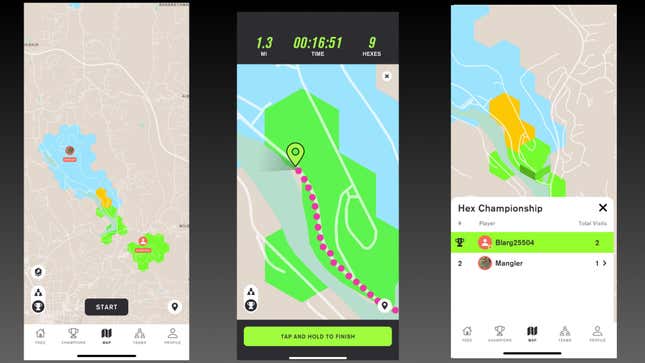 Screenshots of Stride: map with blue and green tiles; view during run where my path (red dots) claims green tiles; leaderboard for a specific tile with me at the top