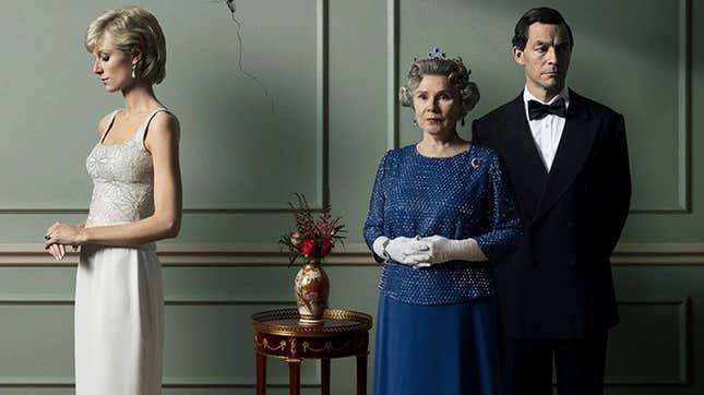 Elizabeth Debicki as Princess Diana (left), Imelda Staunton as Queen Elizabeth (center), and Dominic West as then-Prince Charles in season 5 of The Crown.
