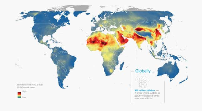 A satellite image of the areas with the most particulate matter.