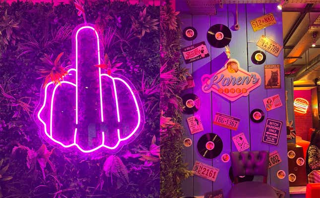 Neon sign at Karen's Diner giving the middle finger, plus kitsch hung on the walls