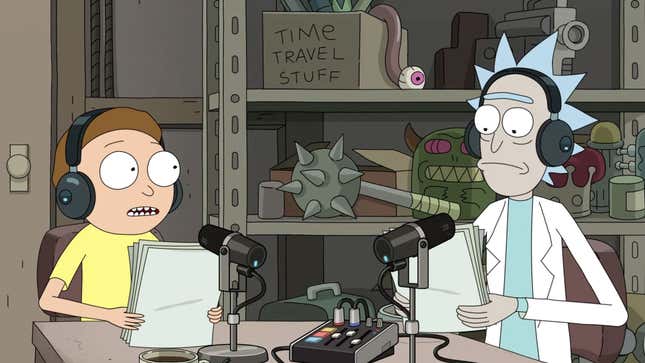 Rick and Morty are seen recording a podcast. 
