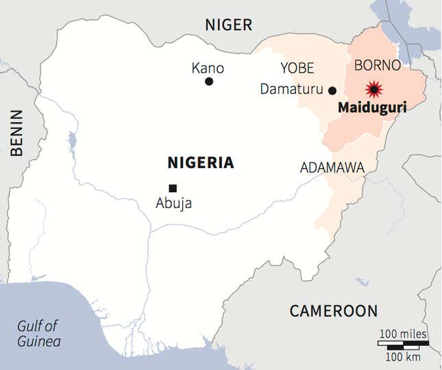A map of Nigeria showing the emergency imposed region in the northeast in 2013.