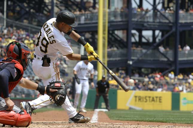 Jul 19, 2023; Pittsburgh, Pennsylvania, USA;  Pittsburgh Pirates second baseman Nick Gonzales (39) hits an RBI single against the Cleveland Guardians during the fifth inning at PNC Park.