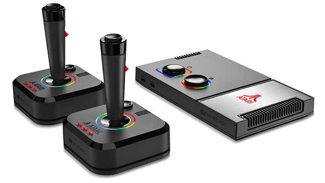 The My Arcade Atari Gamestation Plus console next to two wireless joystick controllers against a white background.
