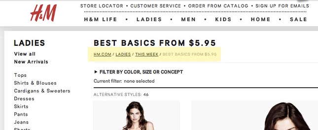 H&M’s breadcrumb (in yellow) tells you where you are, but not where you’ve been.