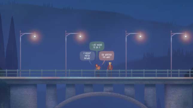 Riley and Jacob stand on a bridge at night, street lights illuminating them, as Riley debates between different dialogue options: "It doesn't matter anyway," "I just needed to say it," and "Ask whatever you want." 